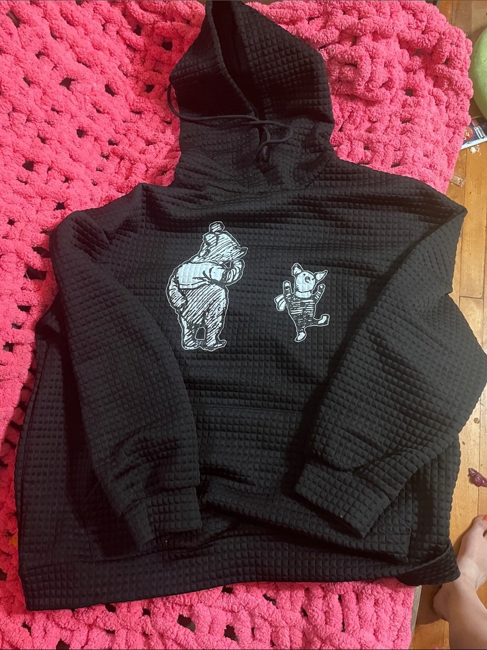 Black Winnie The Pooh Waffle-Knit Hoodie with Bear Sketch Graphics